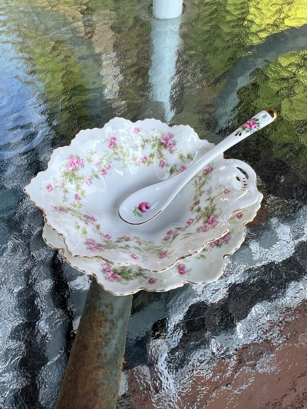 MZ Austria Porcelain Floral Rose Gravy Boat with Attached Underplate and Ladle